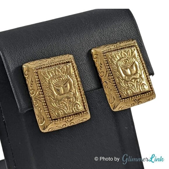 1928 Company Rectangular Embossed Rose Gold Tone Clip On Earrings - Picture 2 of 8